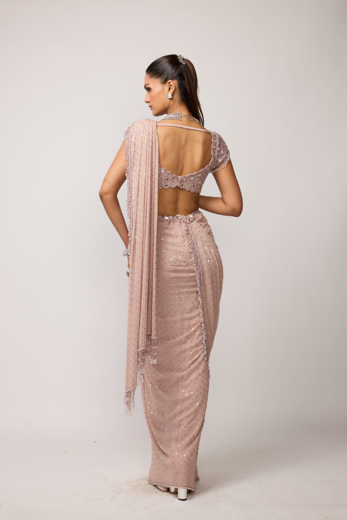 Ash Pink Sequins Embroidered Draped Saree Set