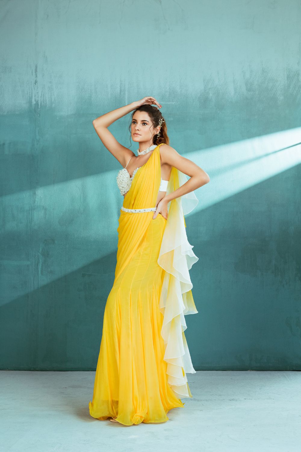 Yellow Chiffon Draped Saree Set