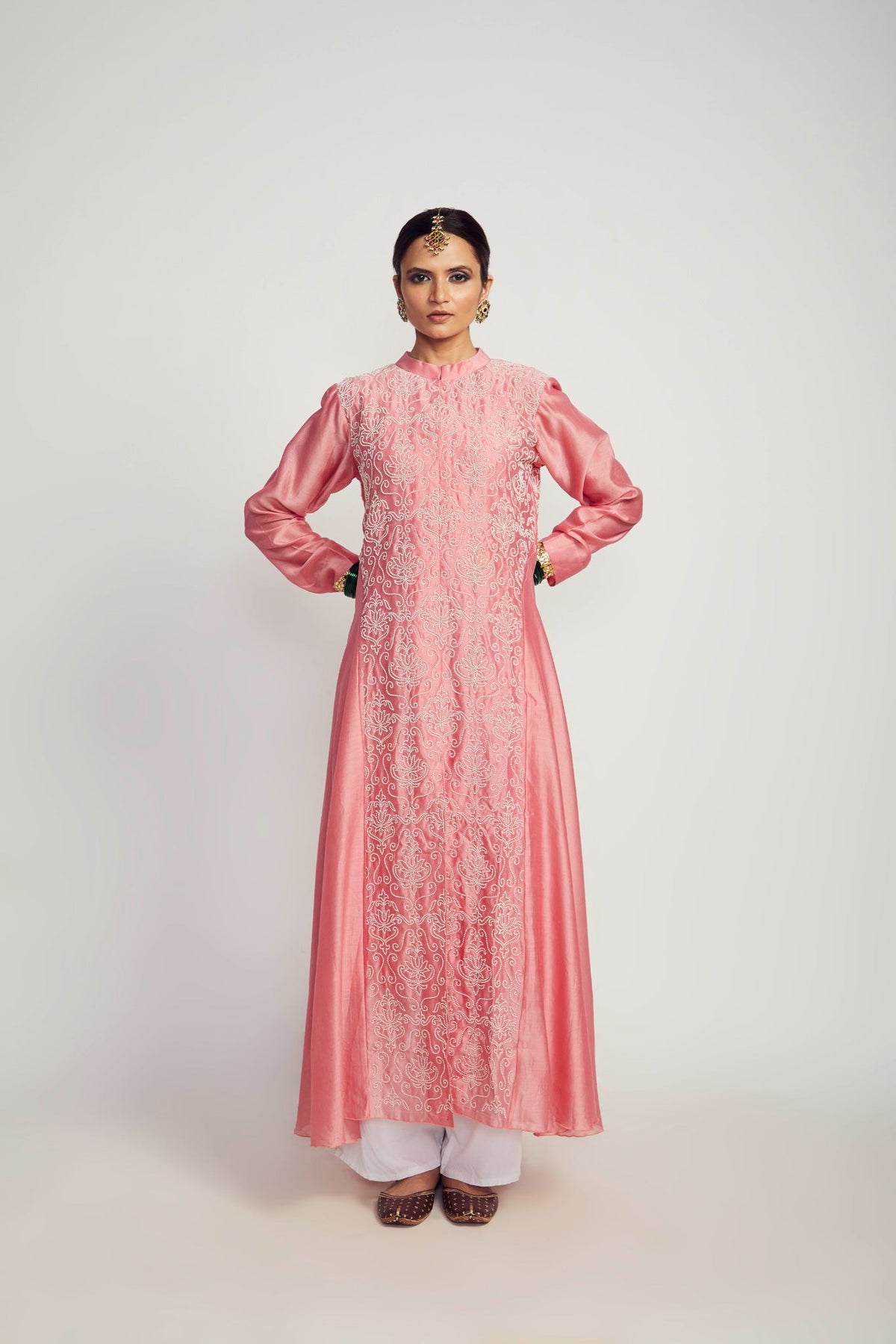 silk chanderi long asymmetrical tunic with pearl embroidered lotus jaal