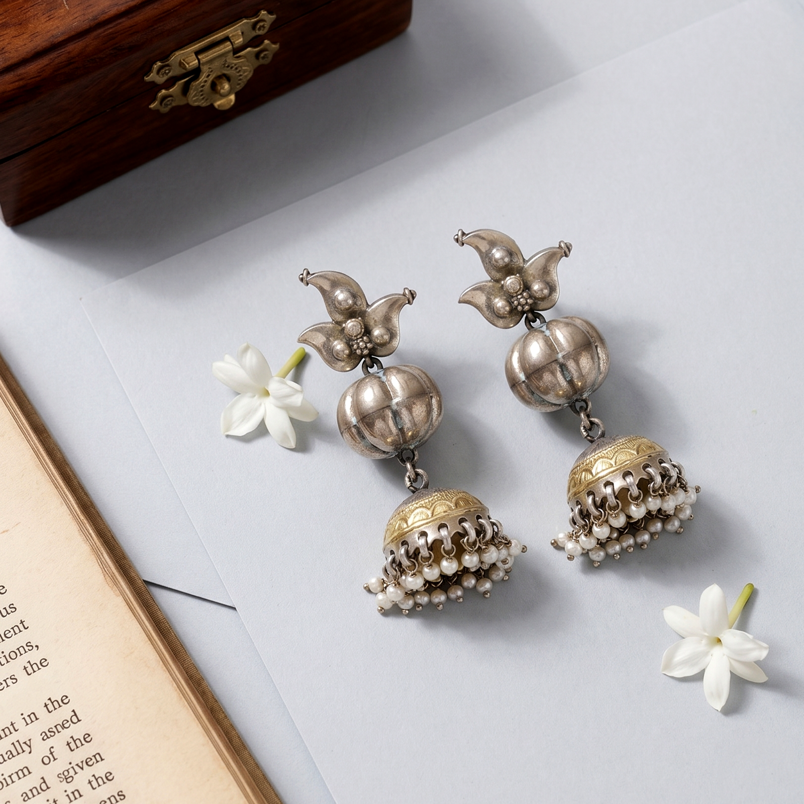 Sangeeta Boochra Traditional Pearl Drop Silver Jhumka Earrings