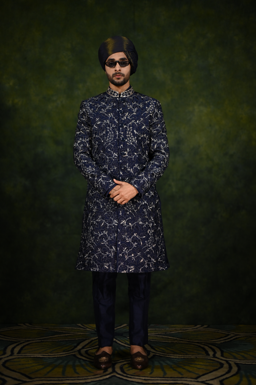 navy threadwork sherwani set
