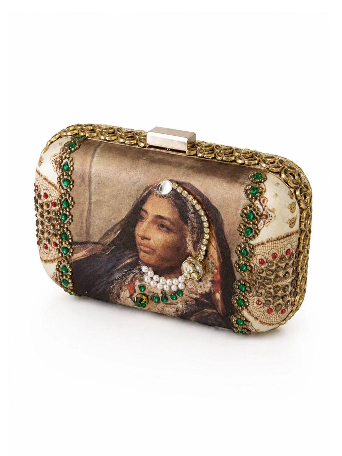 Maharani Portrait Embellished Clutch Bag with Pearl & Green Stone Detail