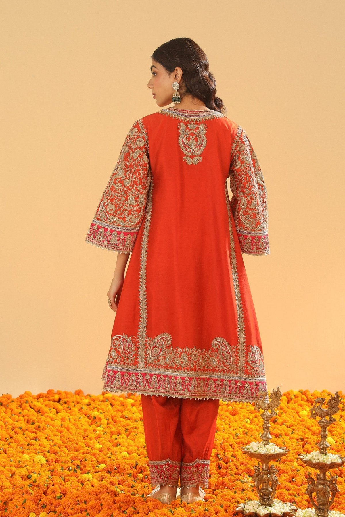 Irha - Burnt Orange Knee Length Kalidaar Chauga with Salwar and Khada Dupatta