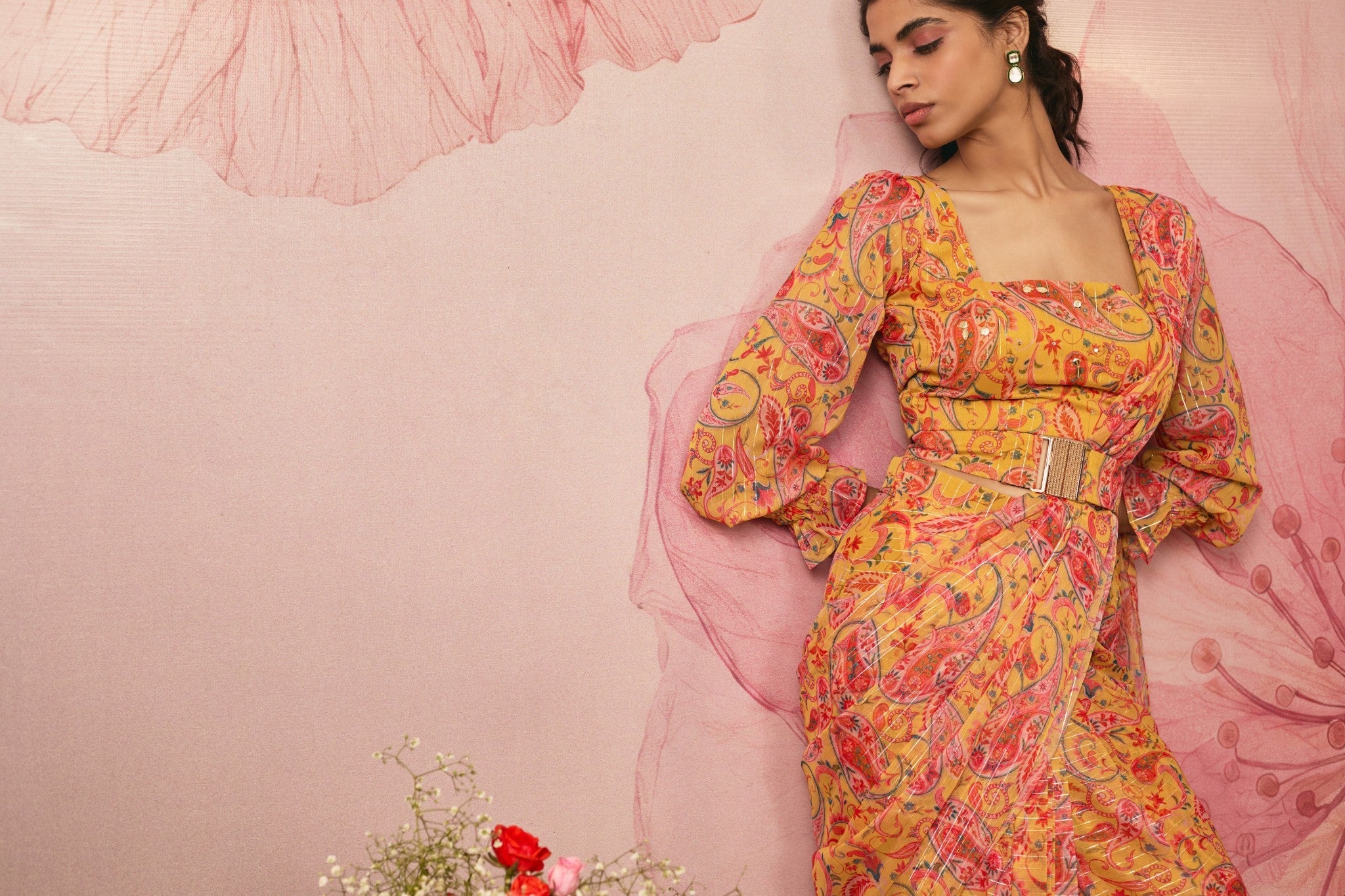 YELLOW PAISLEY PRINTED LEHENGA SET