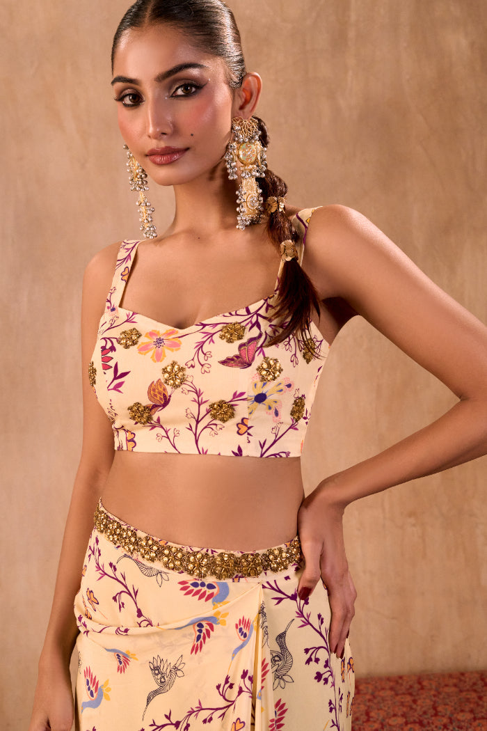 IVORY PRINT EMBROIDERED CHOLI, DRAPED SKIRT AND DUPATTA SET - image 4