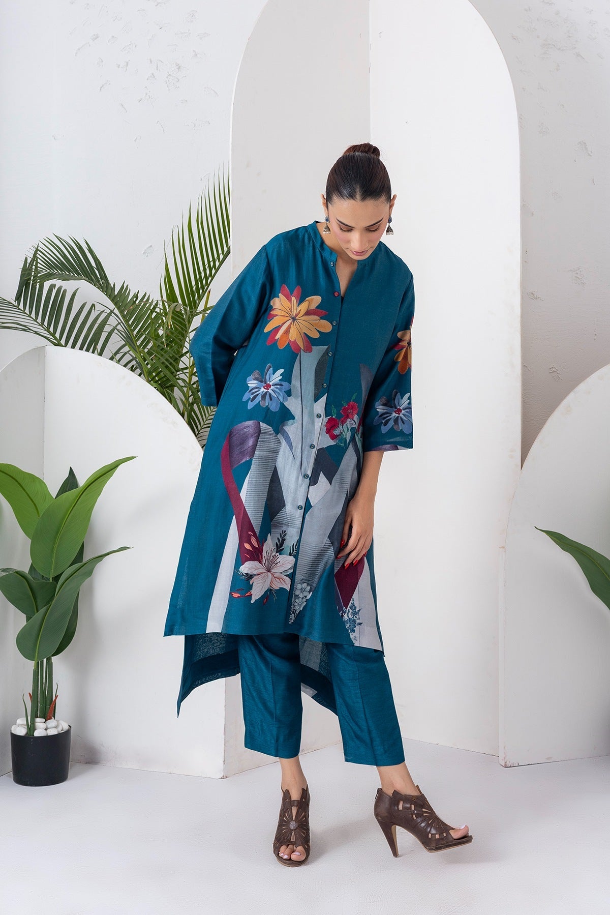 Indigo Silk Chanderi Printed High-Low Dress Set (3 PCS)