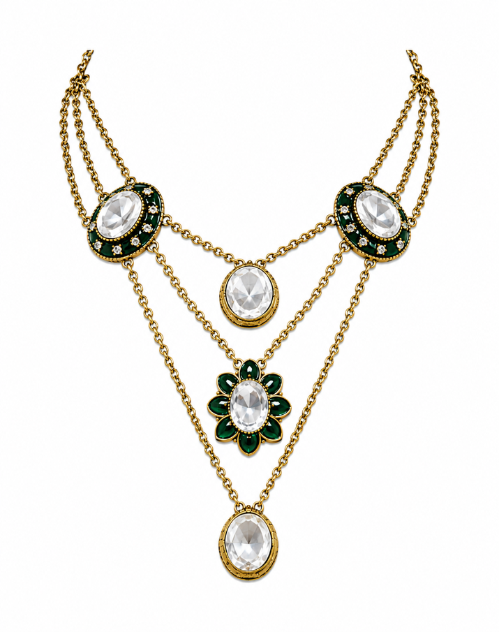 Emerald Kundan Layered Necklace Set with Drop Earring