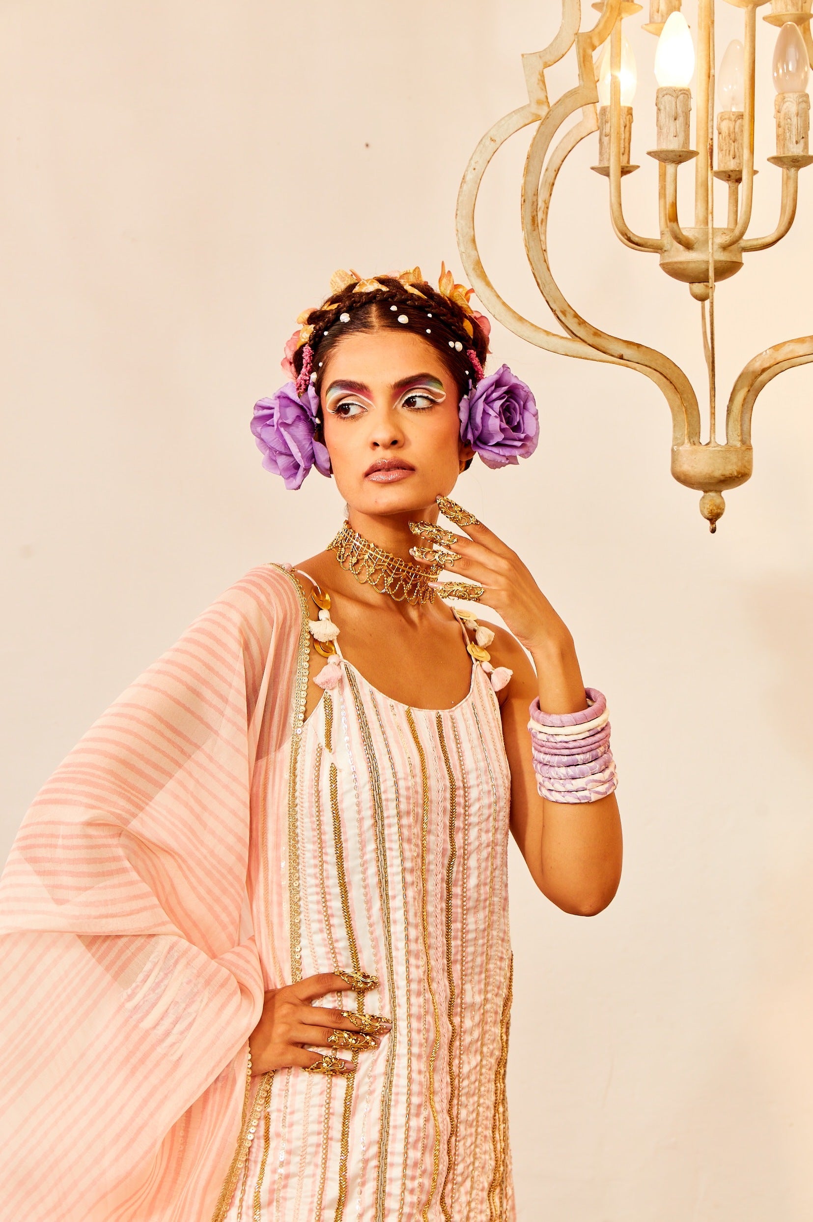 Ivory & Coral Pink Sharara Set