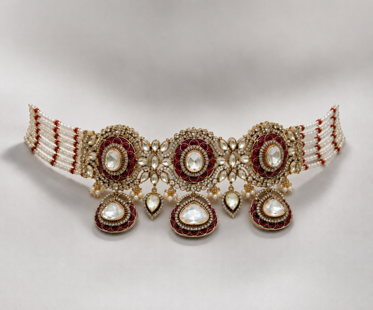 Ruby Red Polki Choker Set