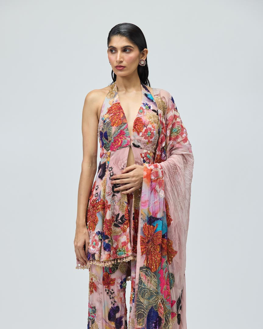 Pink Viscose GGT Halter Neck Sharara Set for Festive Wear