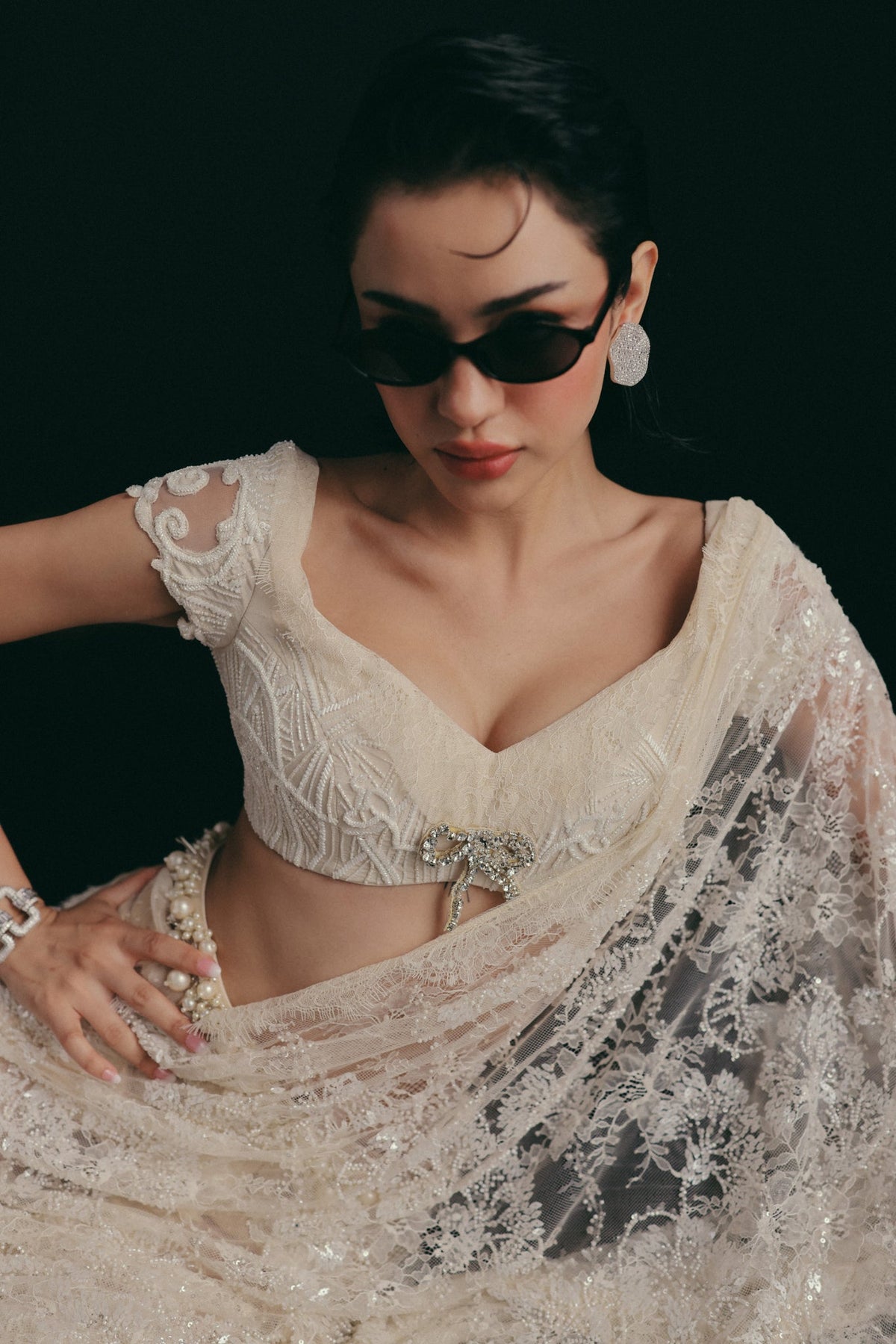 Art Deco Embroidery, Silk & French Lace, Stitched Sari Set, Draped Silhouette