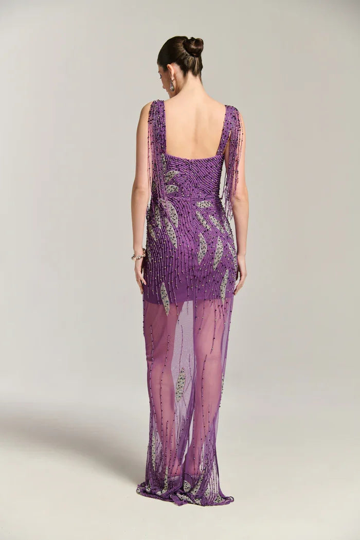 Star Fish Purple Beaded Maxi Dress with Sheer Flowing Skirt