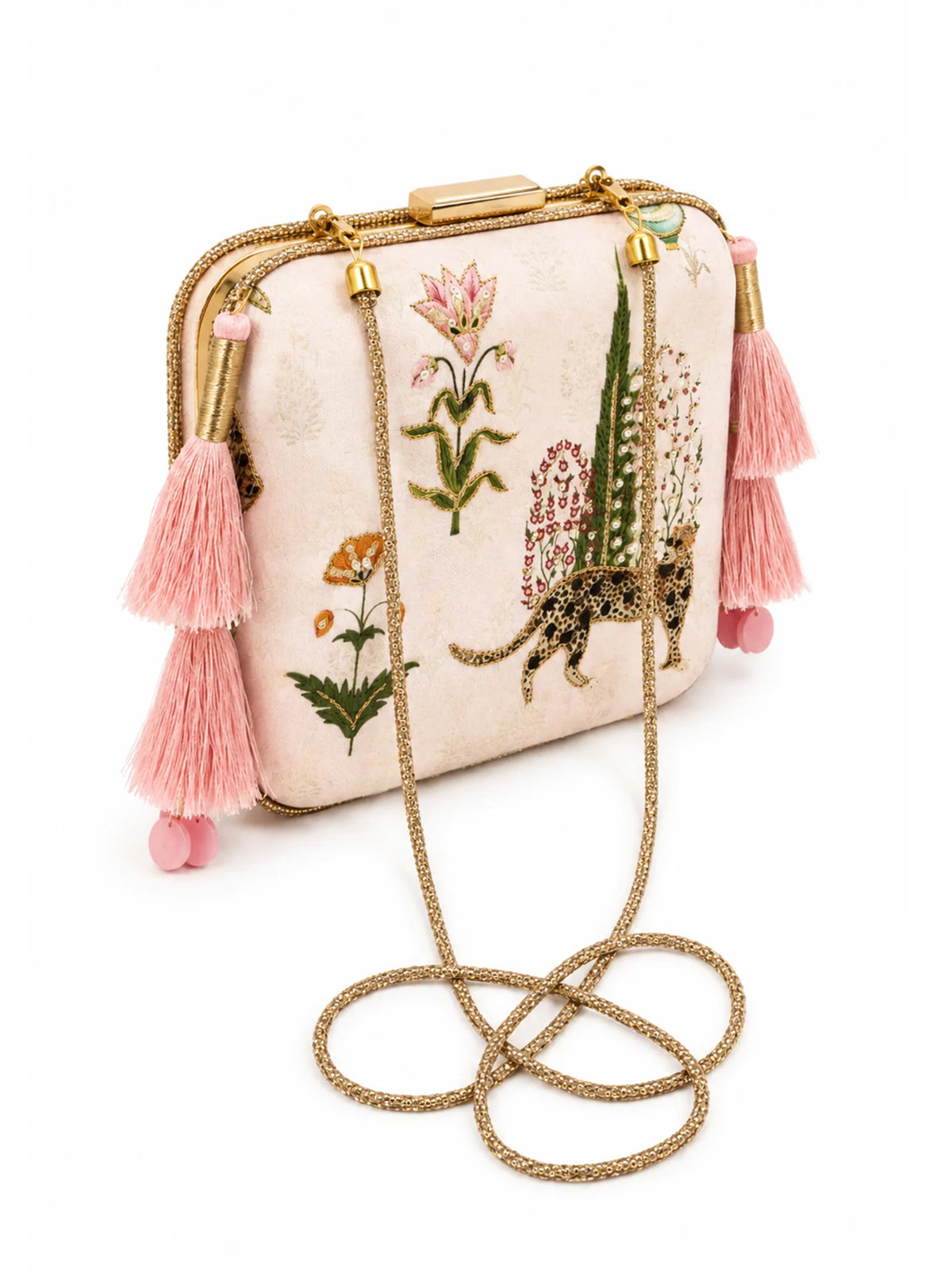 Pink Leopard Print Clutch Bag with Floral Embroidery & Pink Tassels