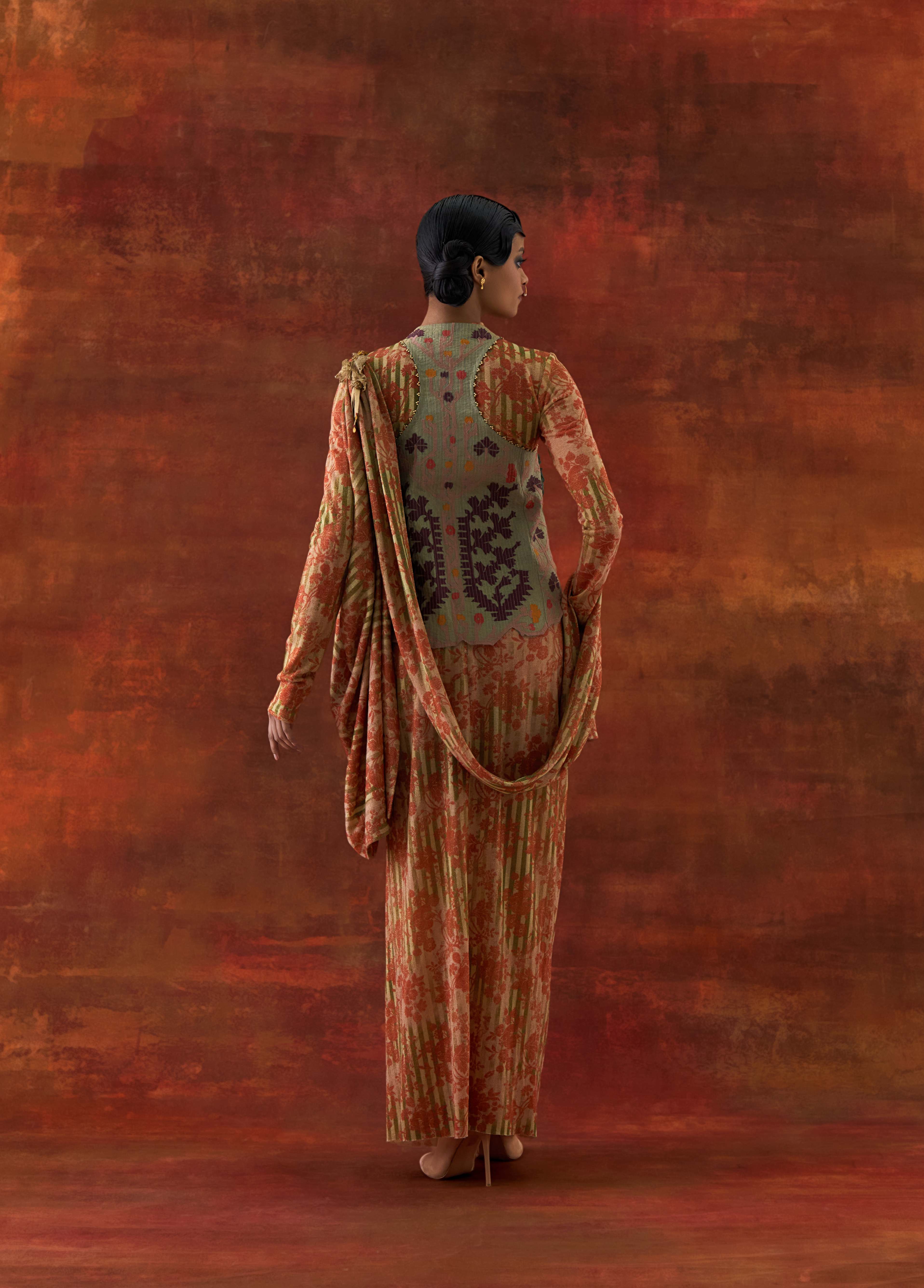3D FLOWER RACER BACK JACKET WITH GOLD JERSEY DRAPED SARI - image 4