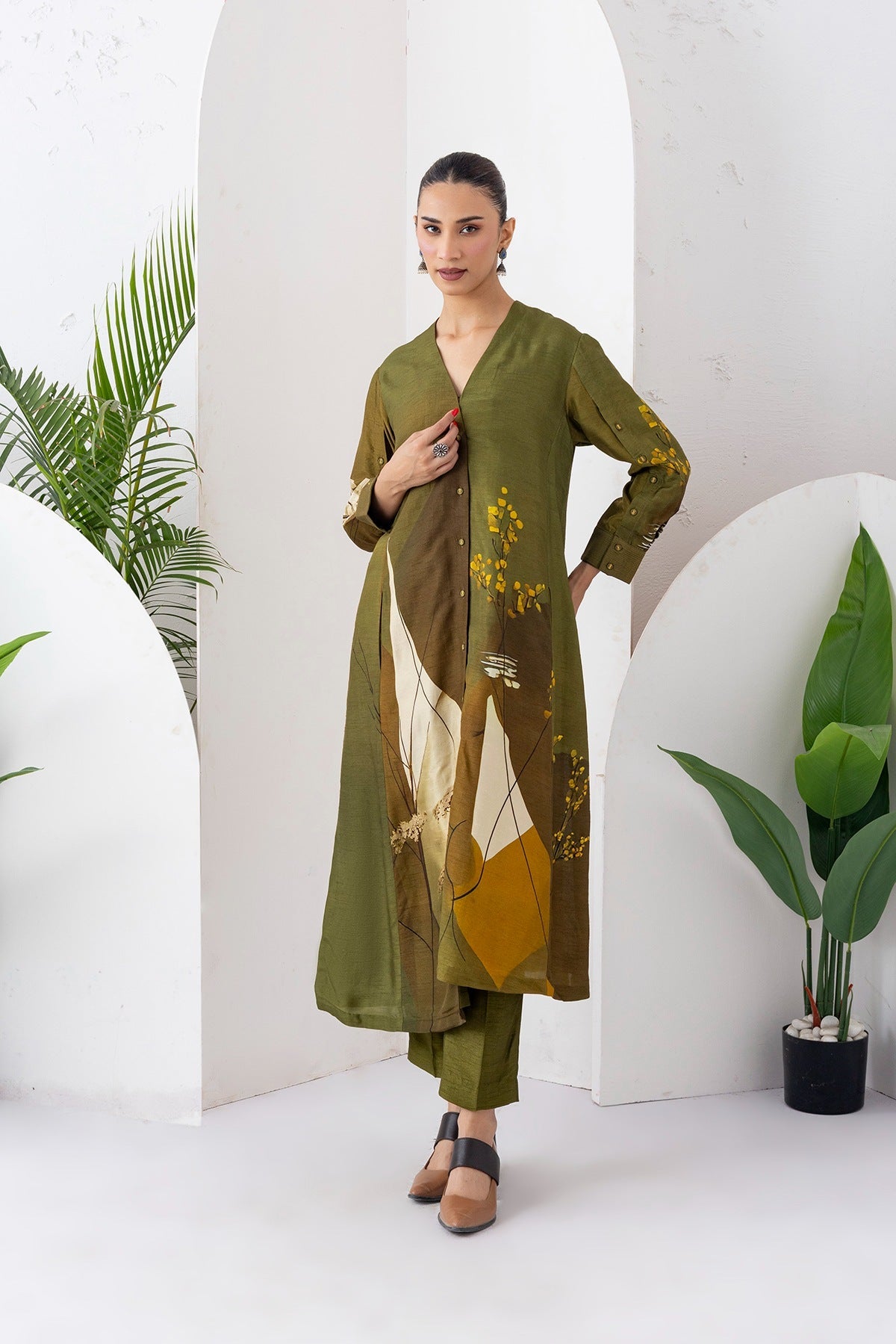 Moss Green Shaded Viscose Dupion Printed High-Low Dress Set (2 PCS)