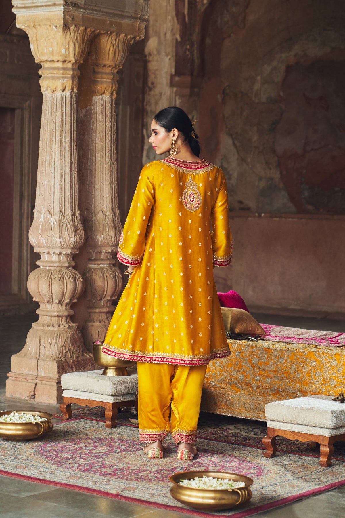 Mustard Silk Chanderi Banarasi Chauga Kurta with Dogri Salwar Set