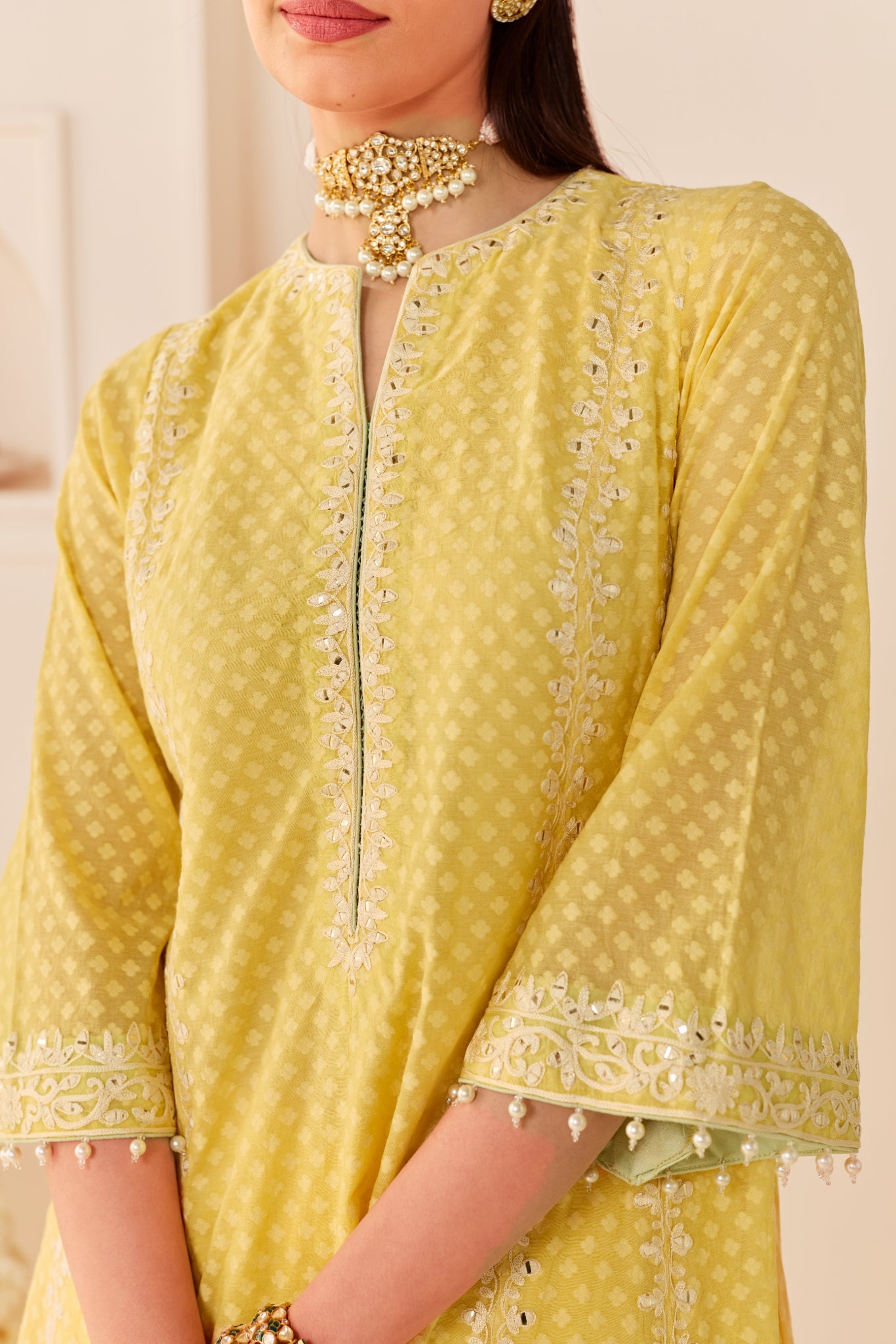 FIRDAUS -LEMON YELLOW LONG KALIDAAR CHAUGA WITH DOGRI SALWAR AND DUPATTA