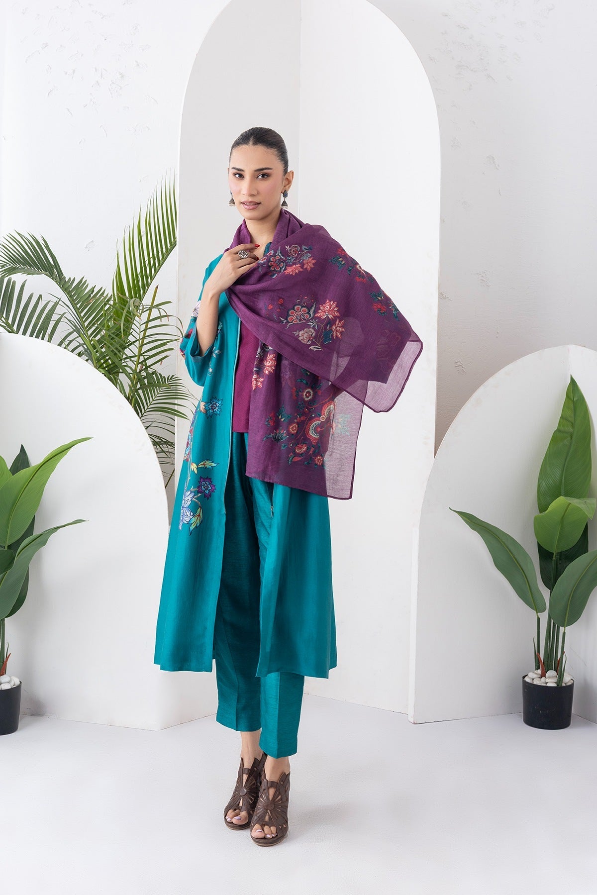 Emerald Silk Chanderi Floral Printed Front Open Dress Set (3 PCS)