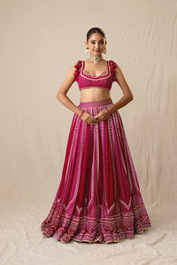 Fuchsia pink printed bandhej lehenga set