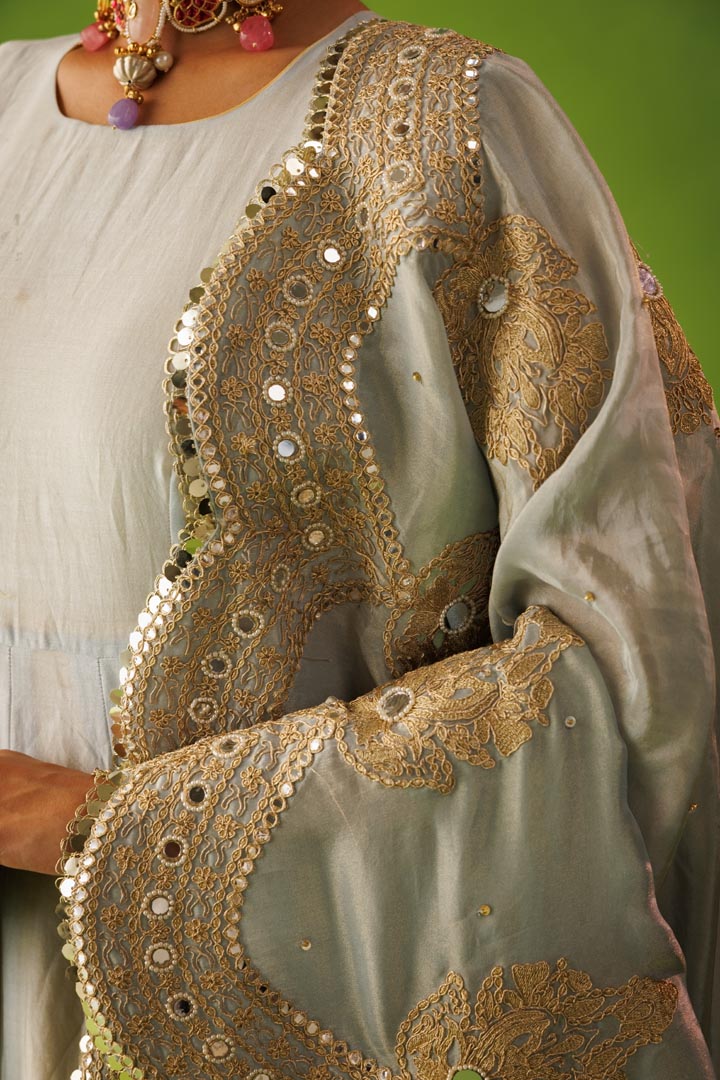 Powder blue and yellow reversible anarkali set with blue dupatta