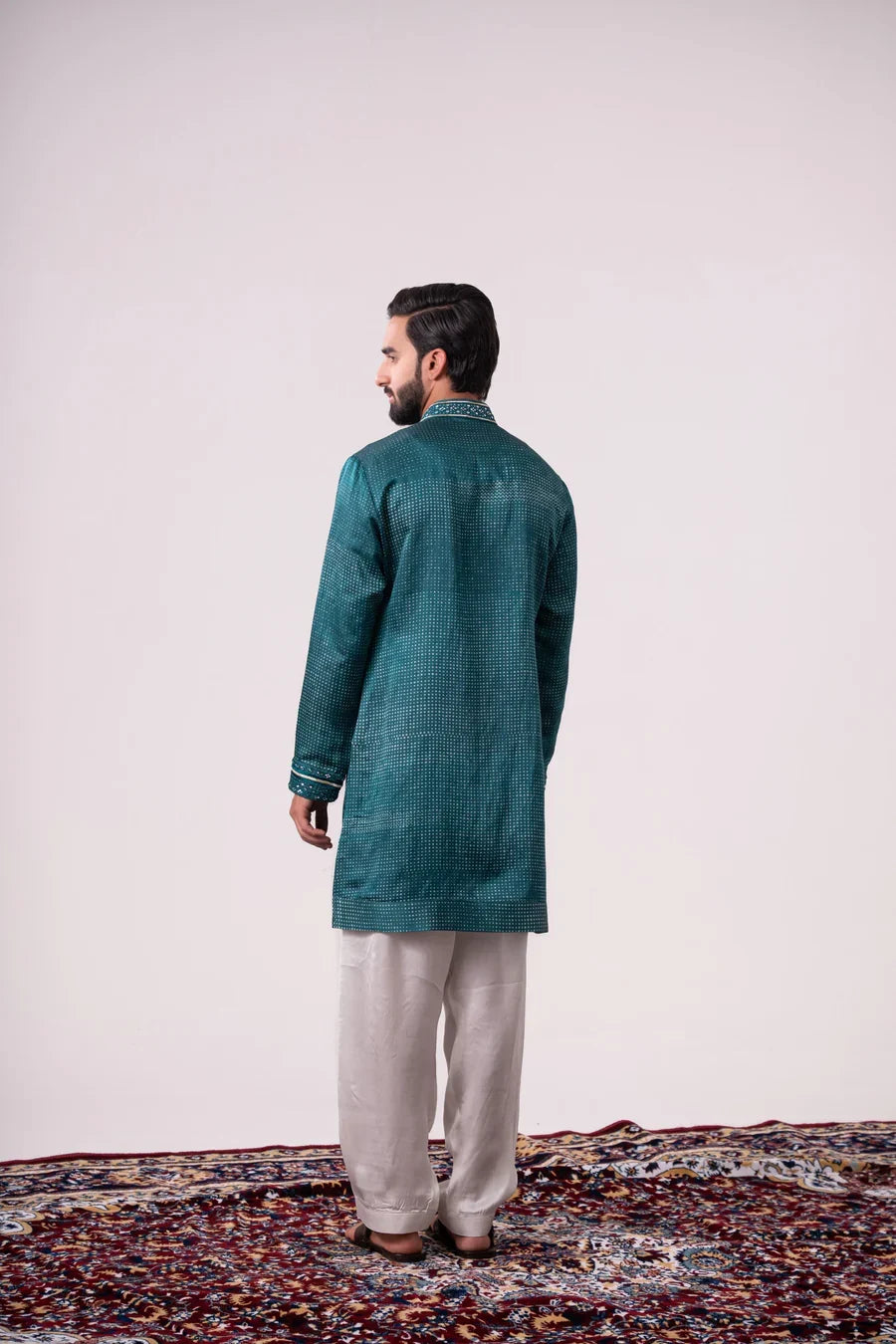 Teal Green Embroidered Linen Silk Kurta