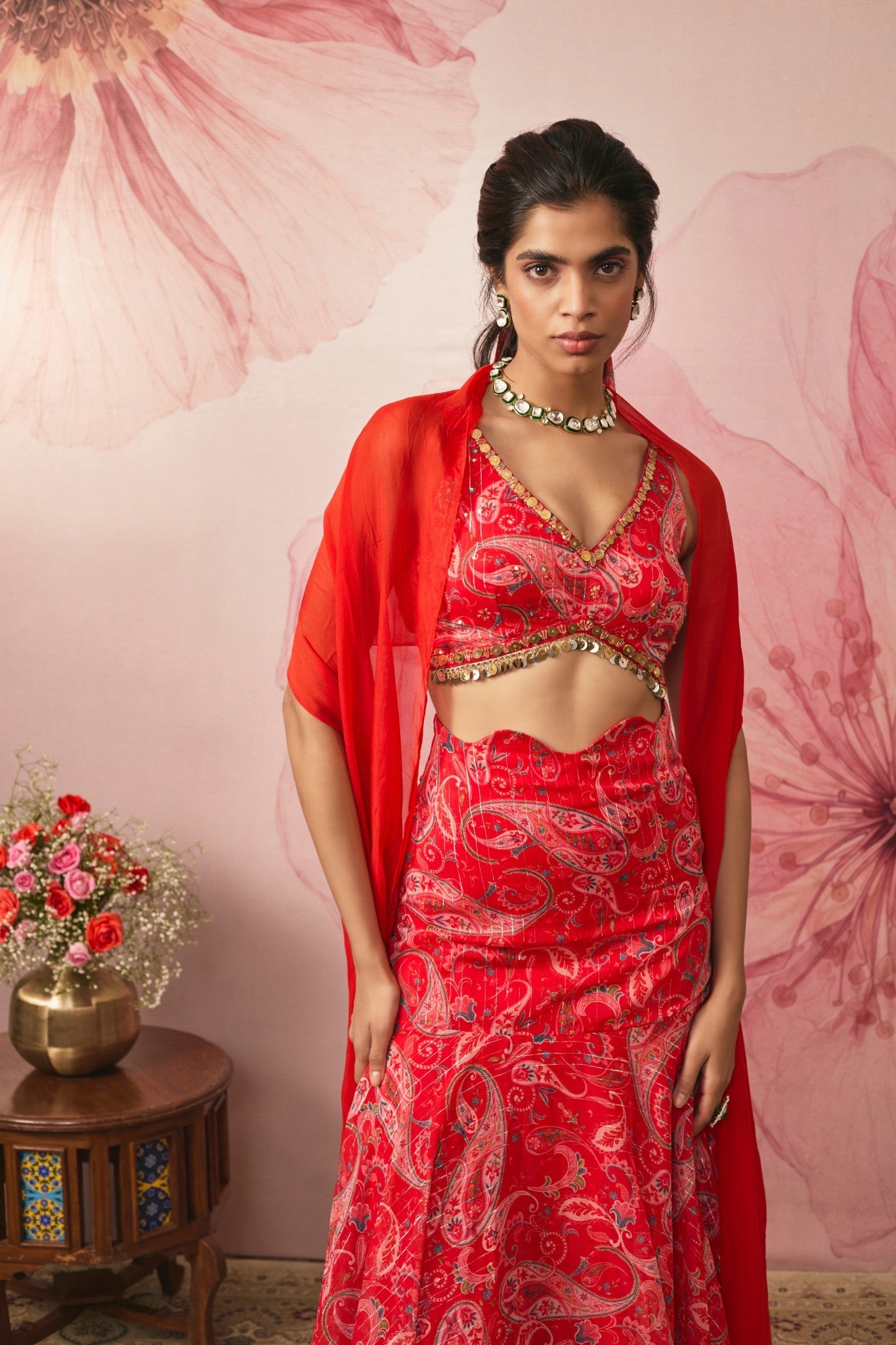 RED PAISLEY PRINTED FISH CUT LEHENGA SET