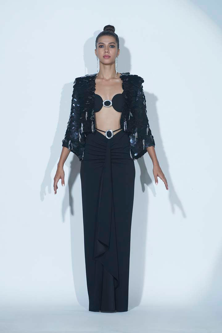 Black 3 Pc Skirt, Bralet and Sequin Jacket Set