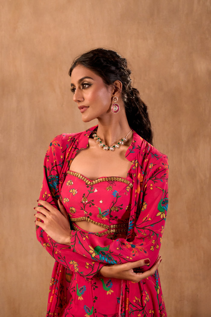 PINK PRINT EMBROIDERED CHOLI, PANTS AND JACKET SET