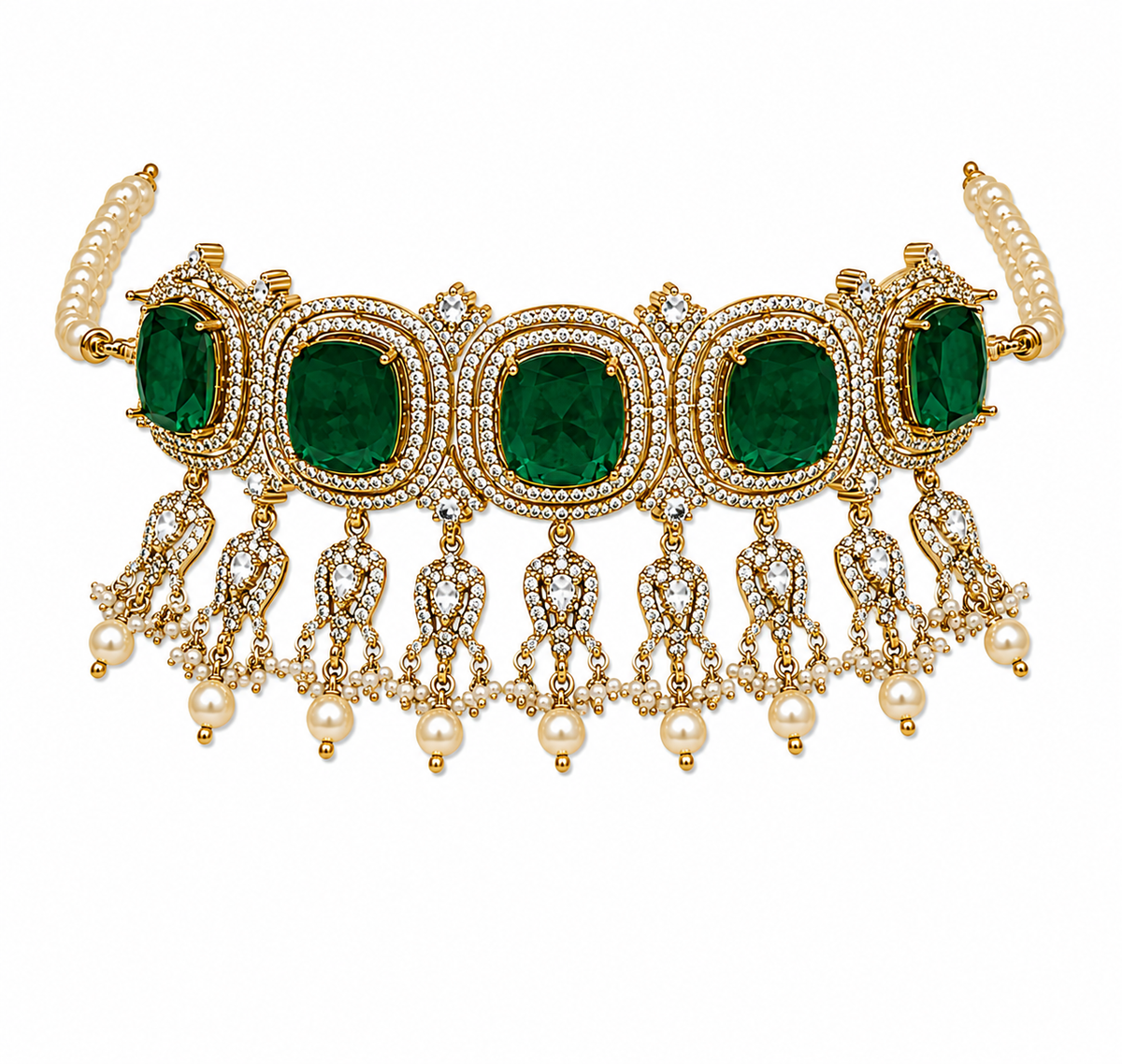 Emerald Green Moissanite Pearl Choker Set