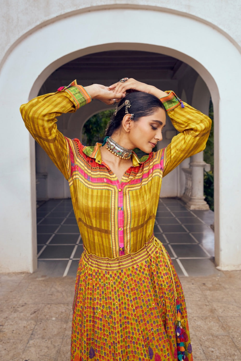 Yellow silk lehenga choli with thread work