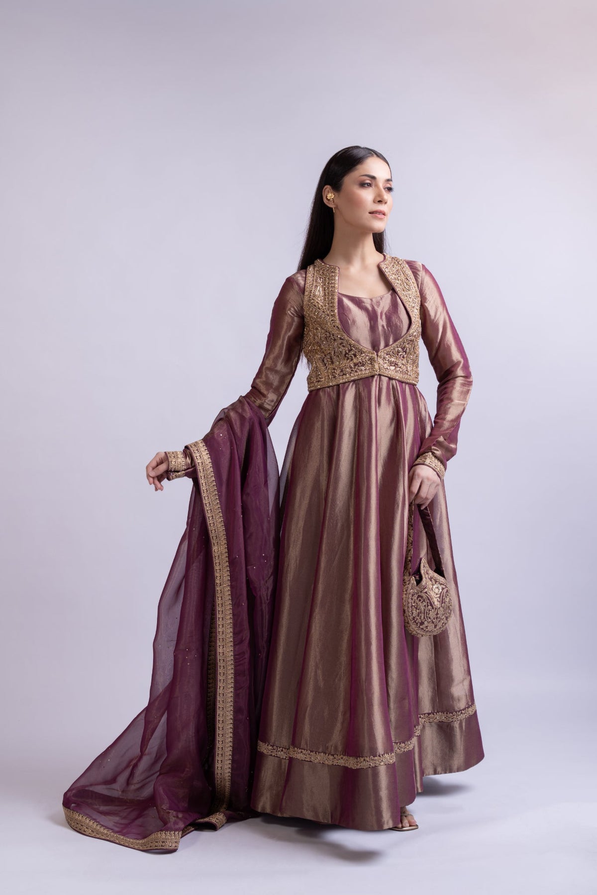 Royal Purple Tissue Silk Anarkali with Embroidered Jacket, Dupatta & Potli