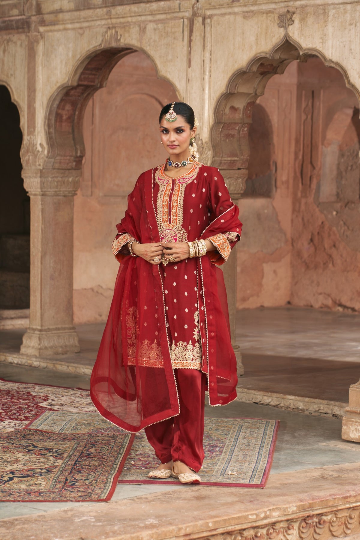 Deep Red Silk Chanderi Kurta Salwar Set for Festive Wear