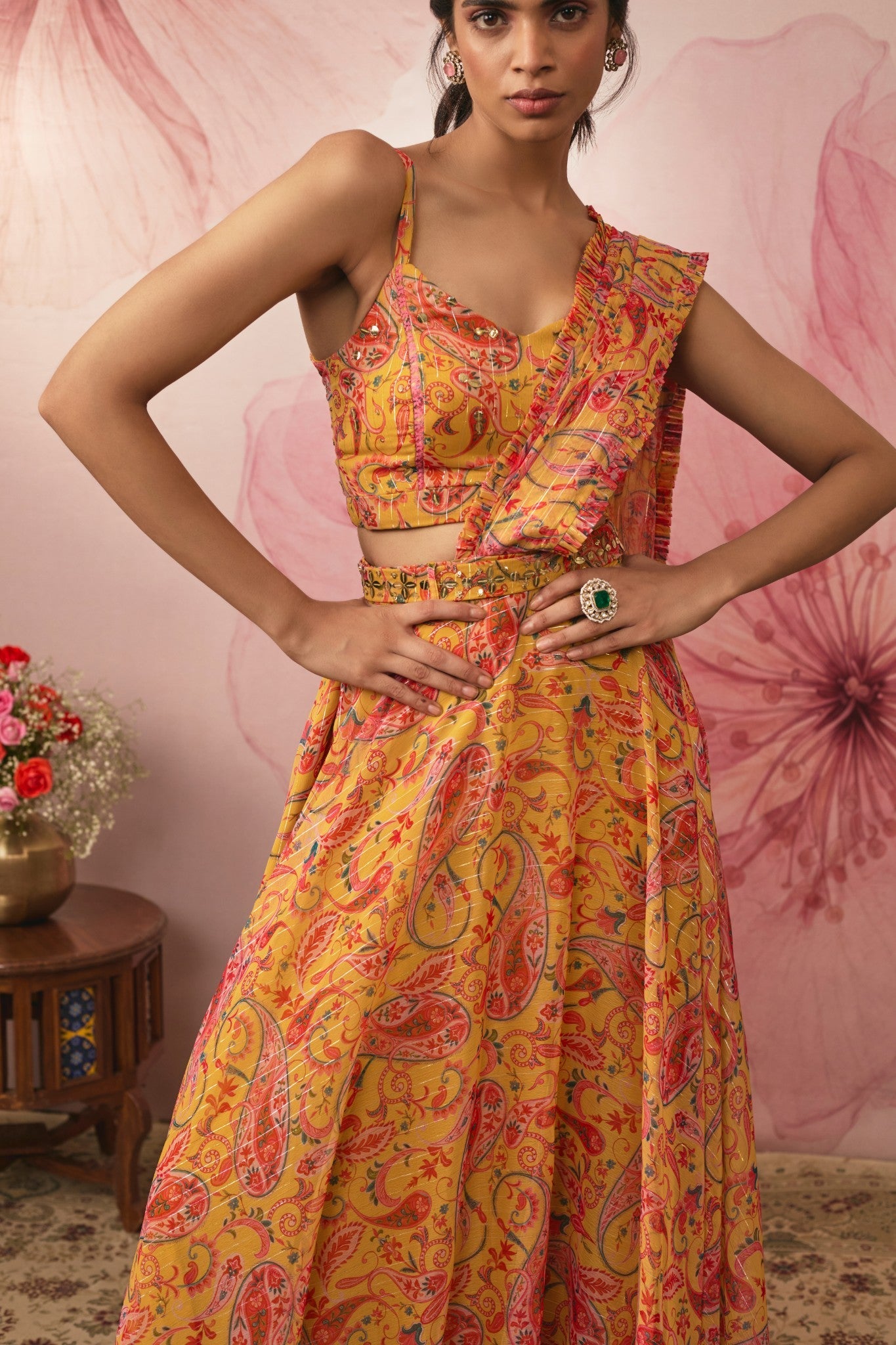 YELLOW PAISLEY PRINTED LEHENGA SET
