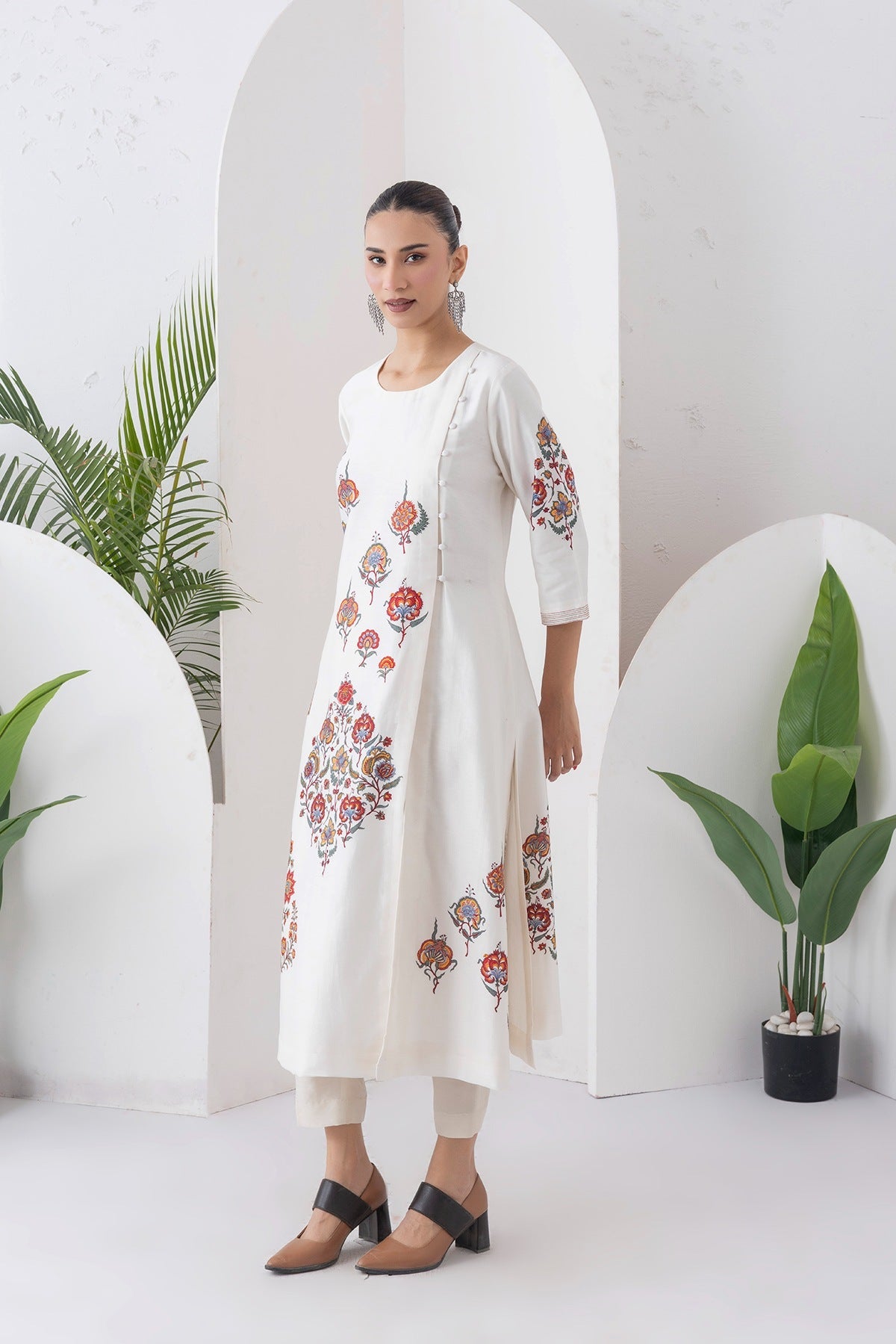 Ivory Silk Chanderi Printed Side Panel Dress Set (2 PCS)