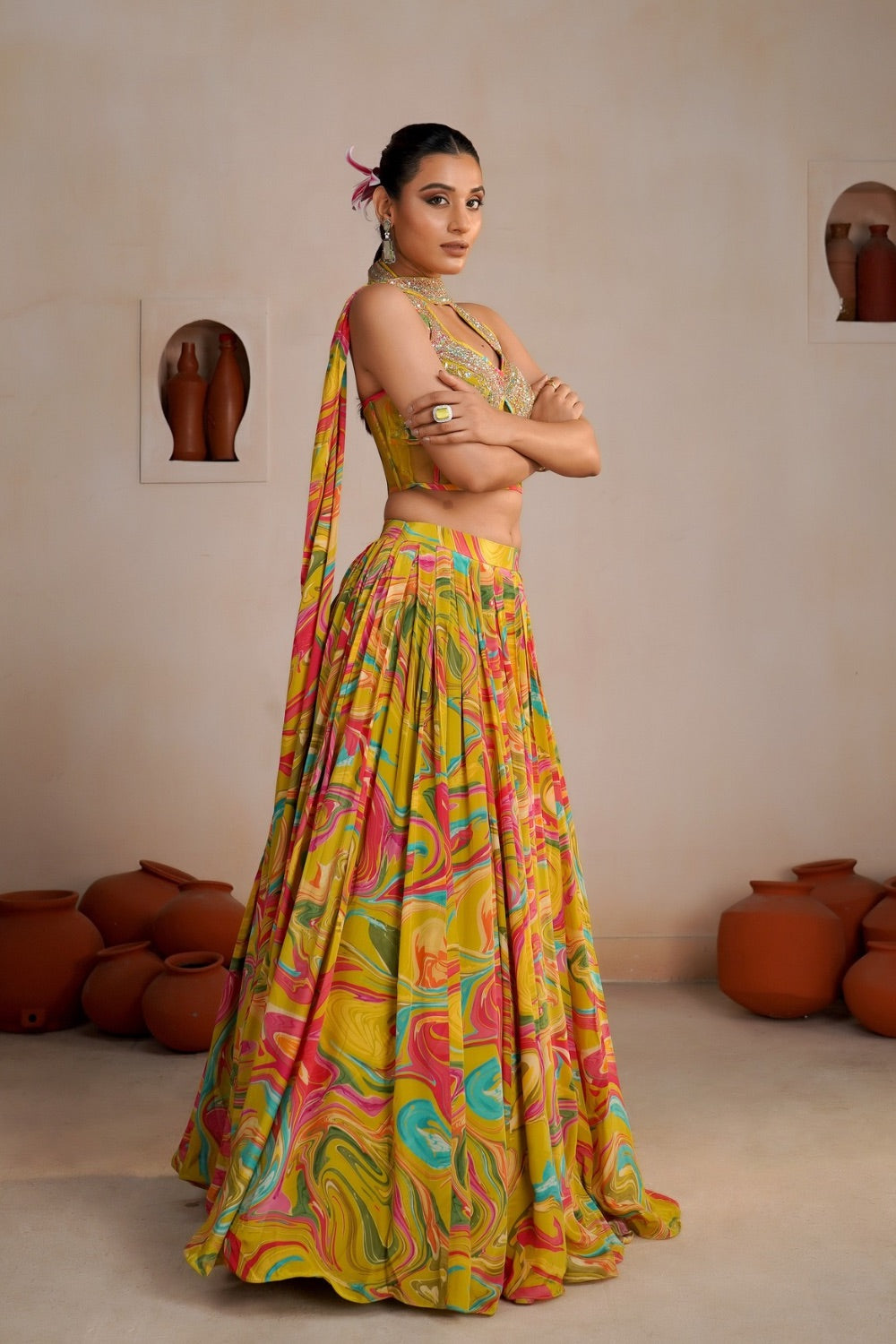 Yellow Crepe Silk lehenga choli