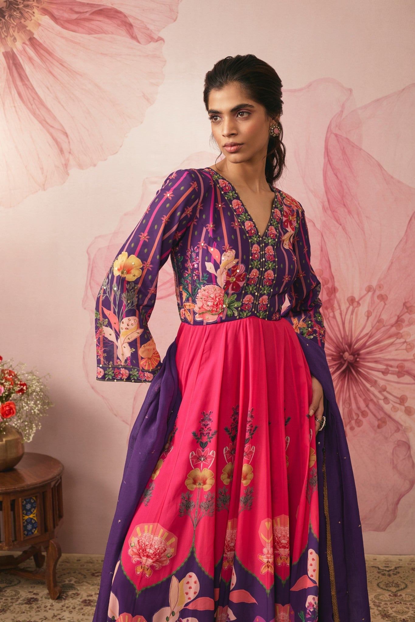 VIOLET FLORAL PRINTED COLOR BLOCK GOWN SET