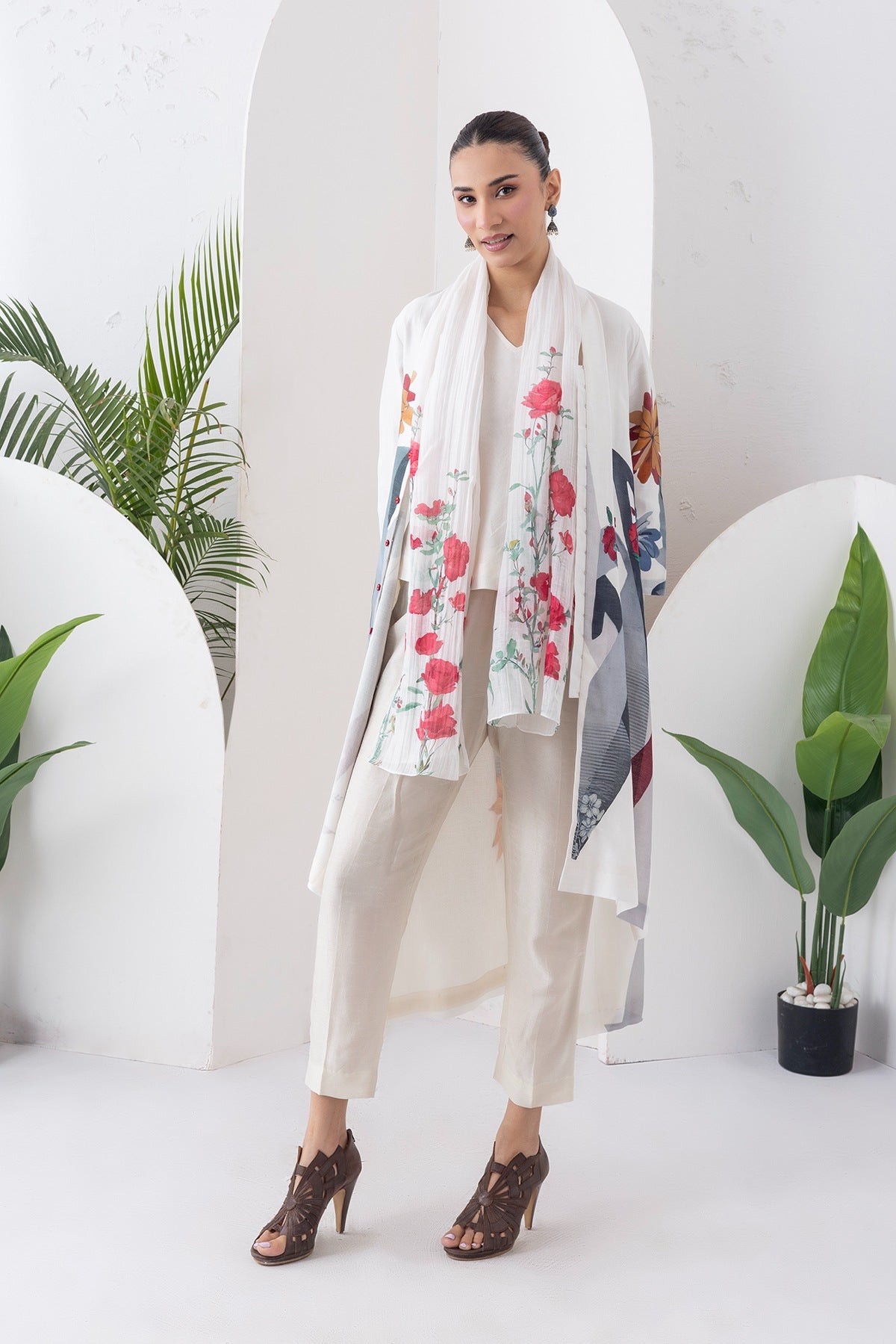 Ivory Silk Chanderi Printed High-Low Dress Set (3 PCS)