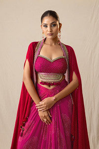 Fuchsia pink printed bandhej drape skirt set