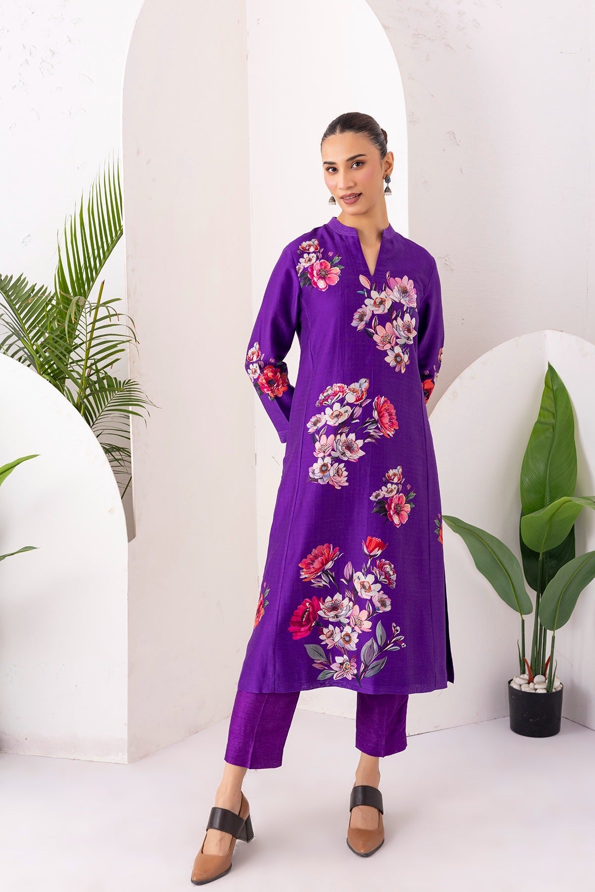 Royal Purple Silk Chanderi Printed Tunic Set (2 PCS)