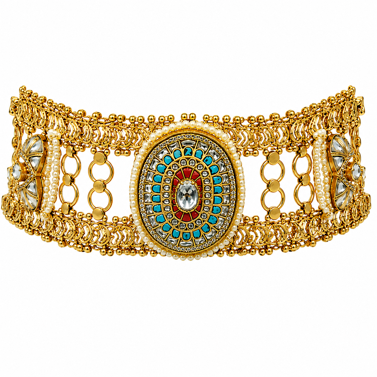 Multicoloured  Handcrafted Jadau Kundan Choker Set with Pearl Accents