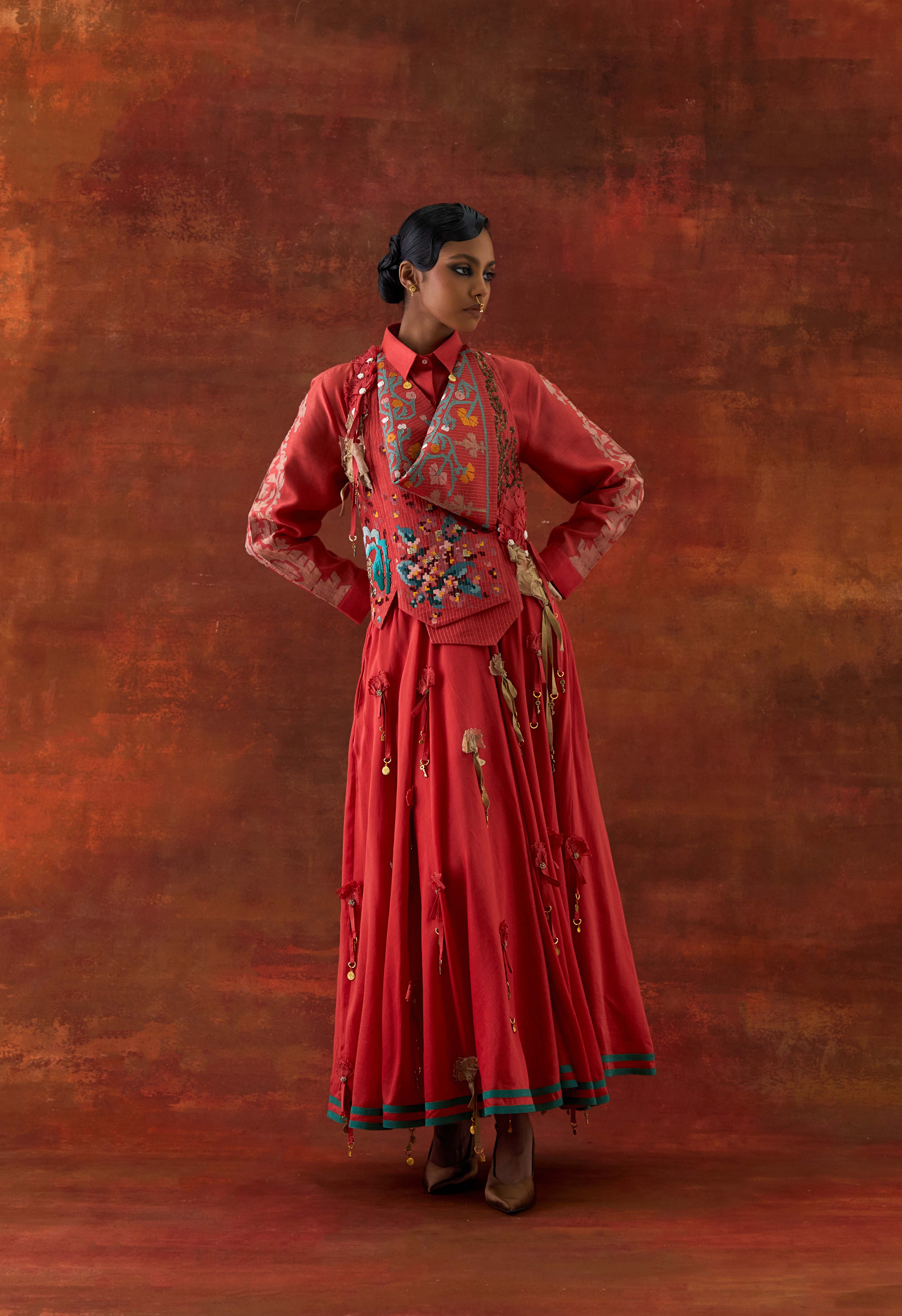 EMB ENGINEERED COWL RACER BACK JACKET + SHIRT WITH EMB BOOTA SLEEVES AND 3D FLOWER SKIRT - image 4