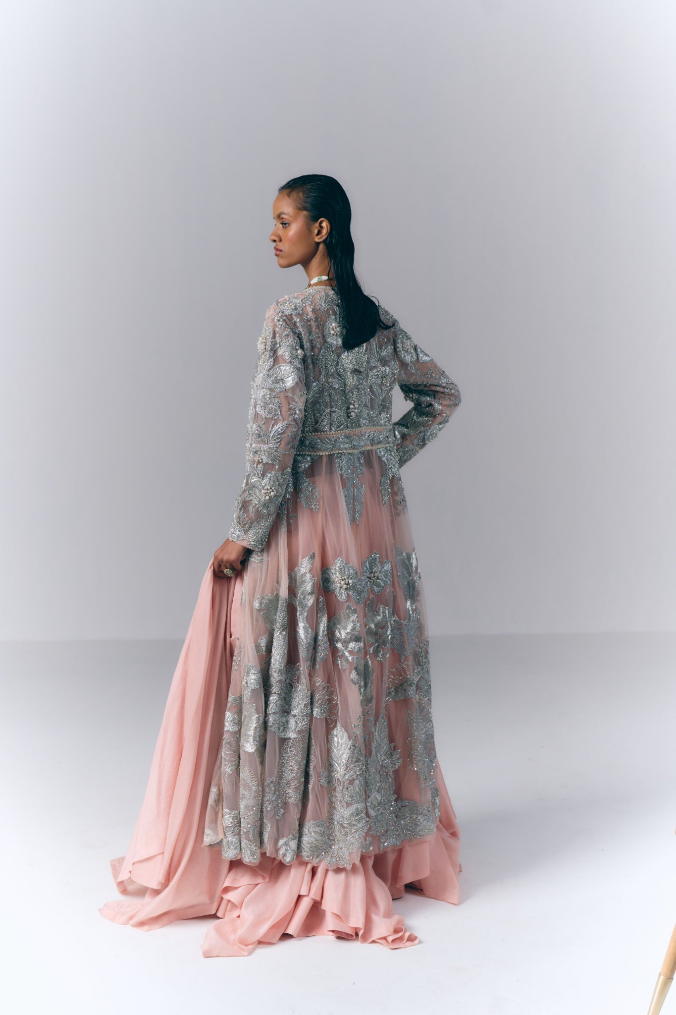 Peach Embellished Long Jacket Set