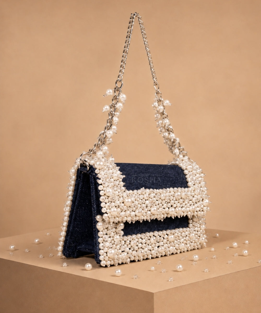 Elana Denim Pearl Embellished Clutch