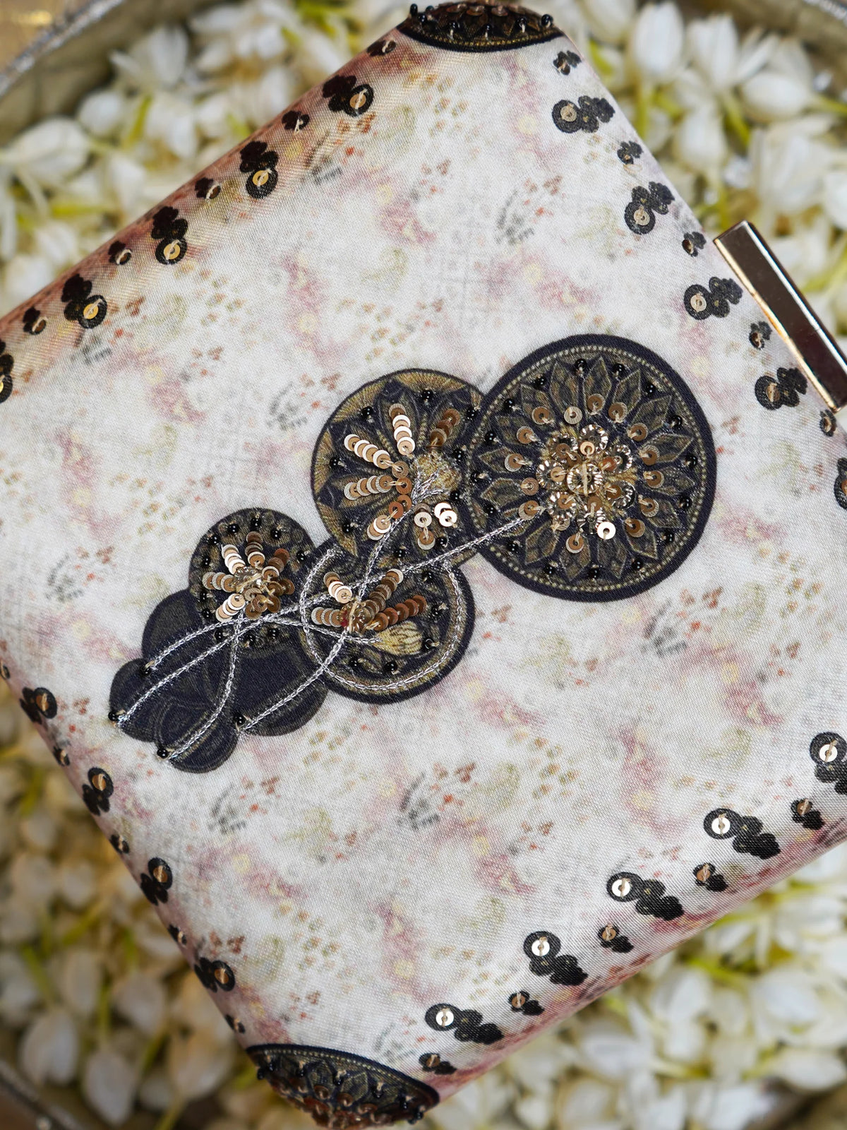 Ivory Floral Print Embroidered Clutch Bag with Black Gold Embellishment