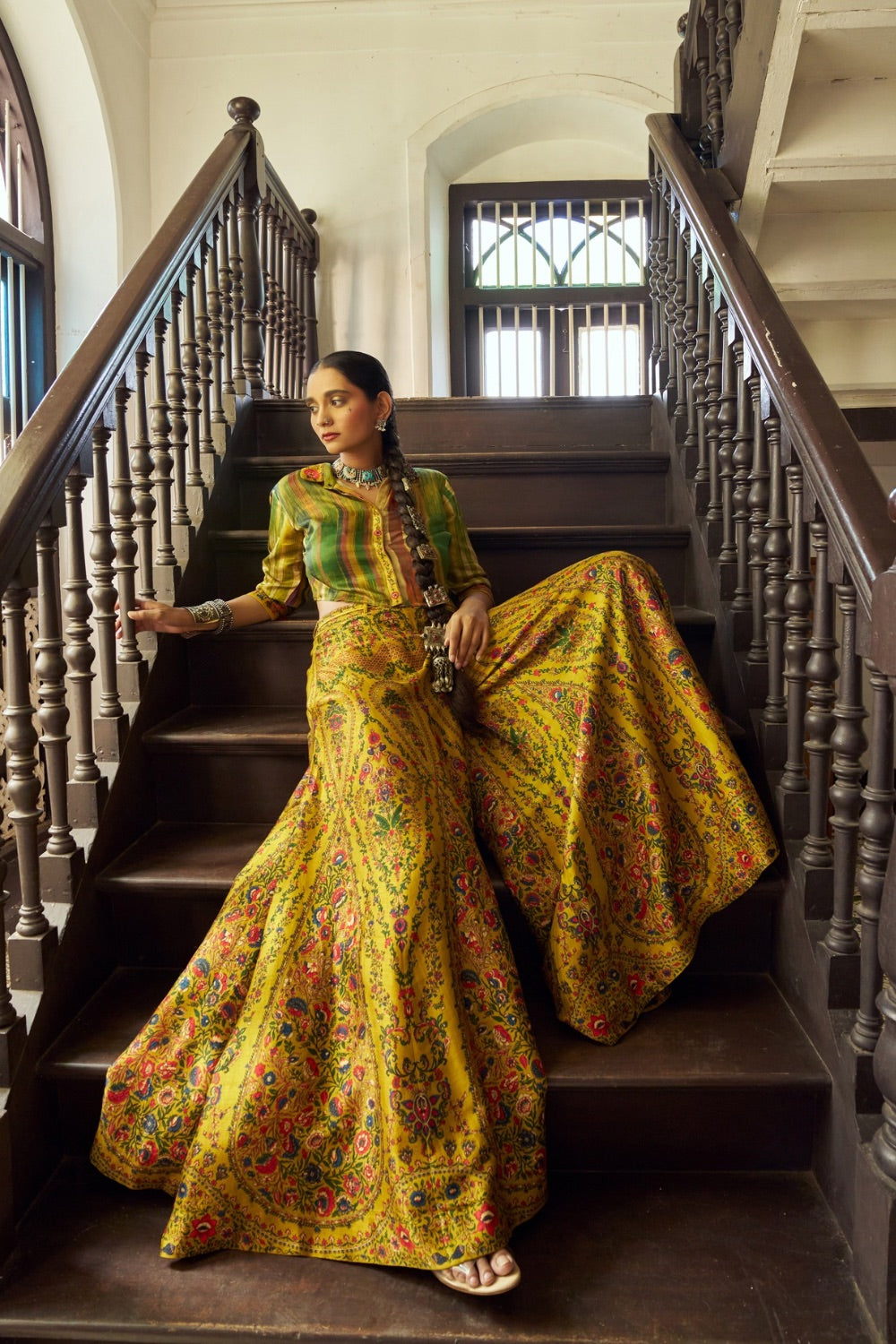 Yellow printed silk Indo Western