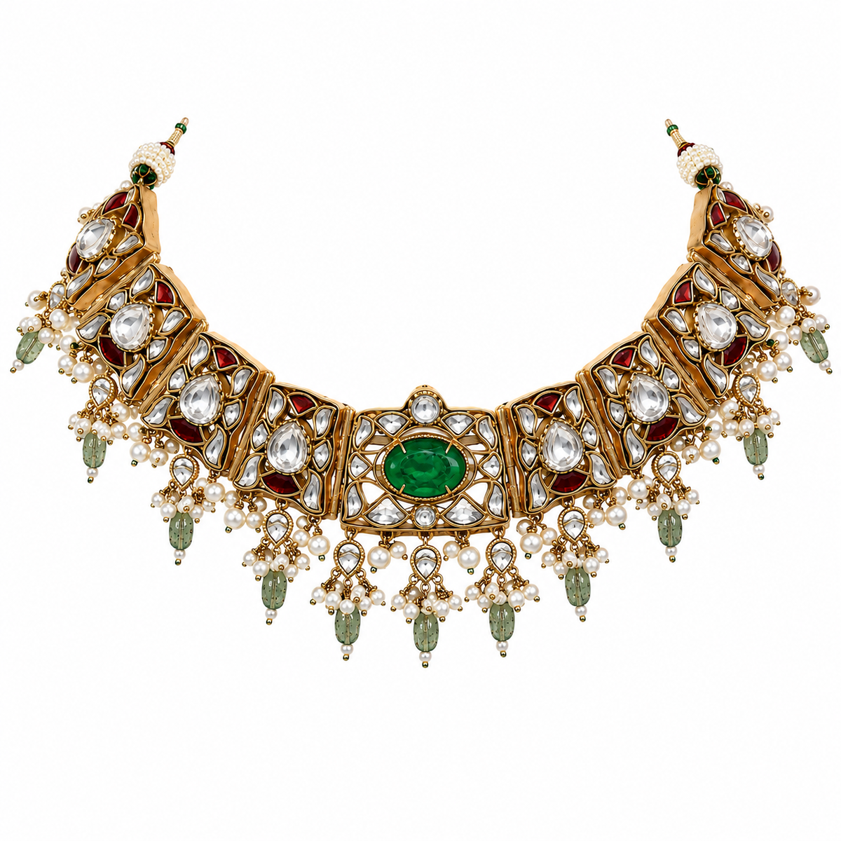 Sage Green Semi-Precious Stone Kundan Choker Set with Ruby Accents & Pearl Drops