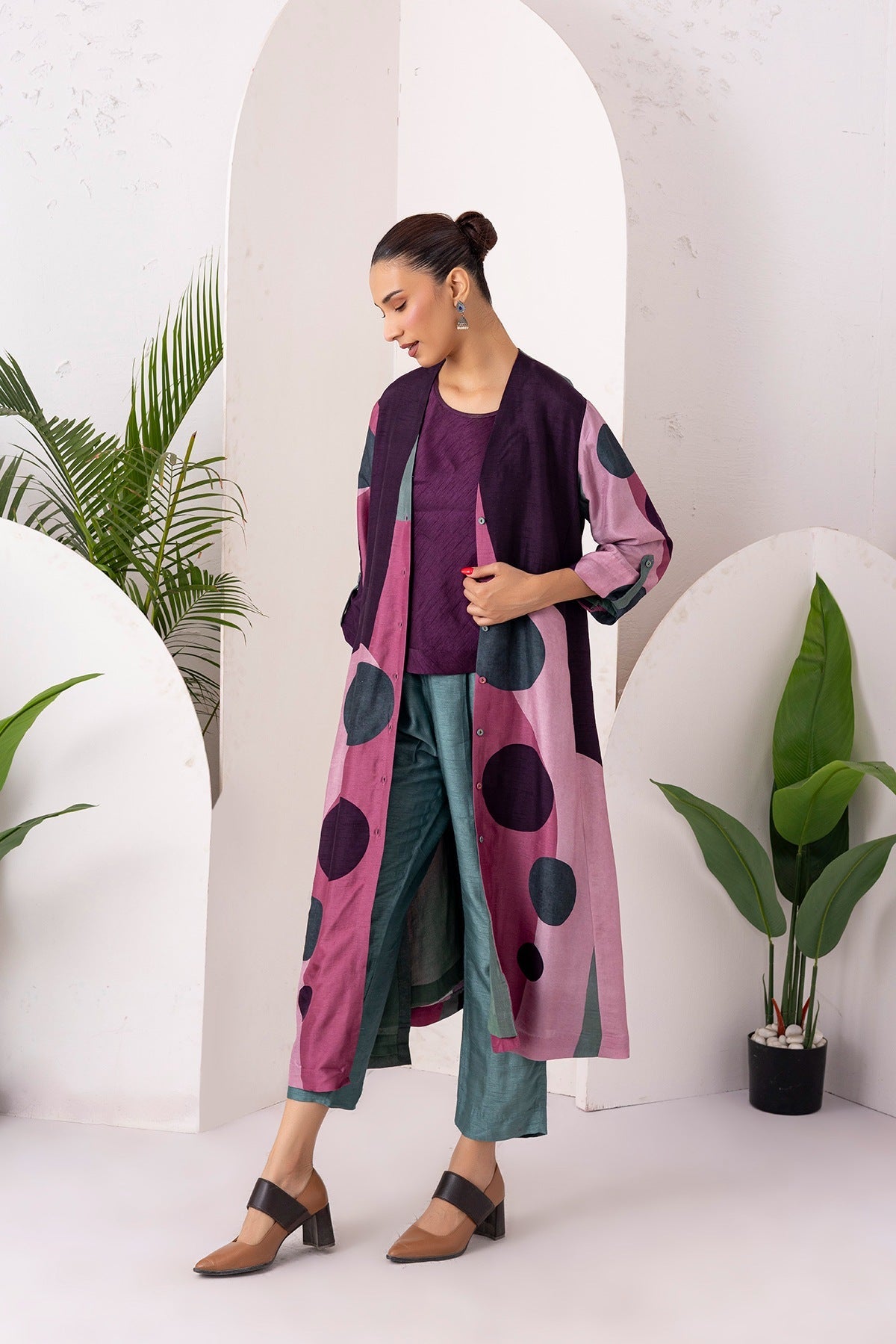 Salmon Pink & Wine Viscose Dupion Printed Dress Set (3 PCS)