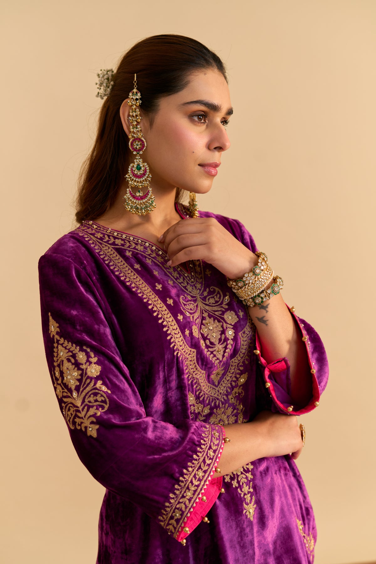 Deep Purple Velvet Kurta Set with Flared Palazzo & Dupatta