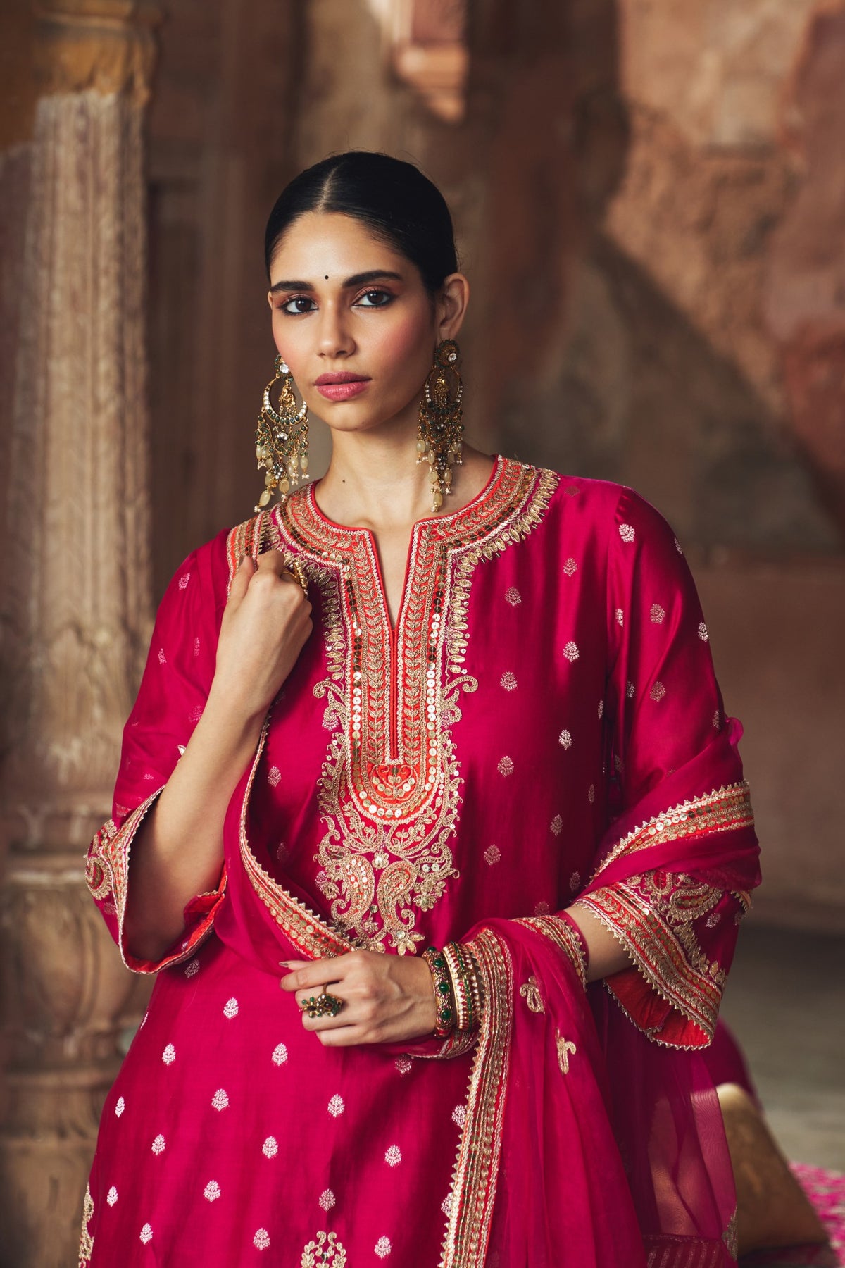Hot Pink Banarasi Silk Kurta Salwar Set with Organza Dupatta