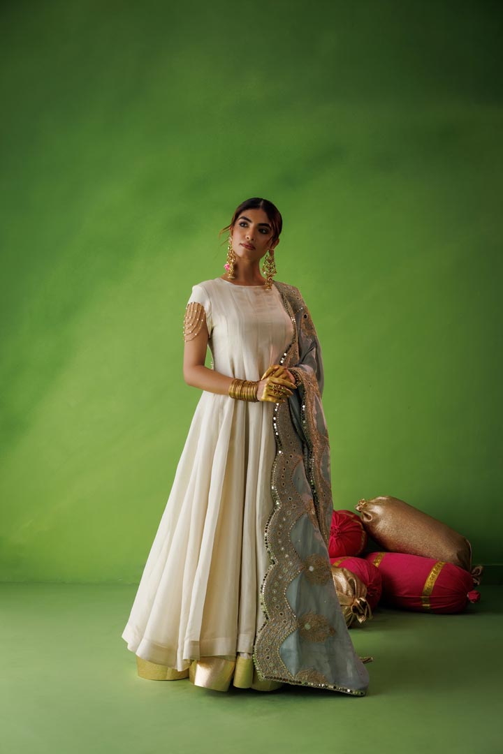 Beige tissue anarkali with blue dupatta